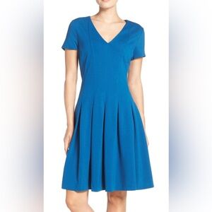 Eliza J Ponte Short Sleeve Fit & Flare Seamed VNeck Dress in Azure Blue